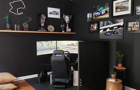 Black Room Racing Simulator Moody Home Office, Guest Room Makeover, Office And Guest Room, Home Office/guest Room, Diy Room Divider, Office Guest Room, Guest Room Office, Wall Closet, Racing Simulator