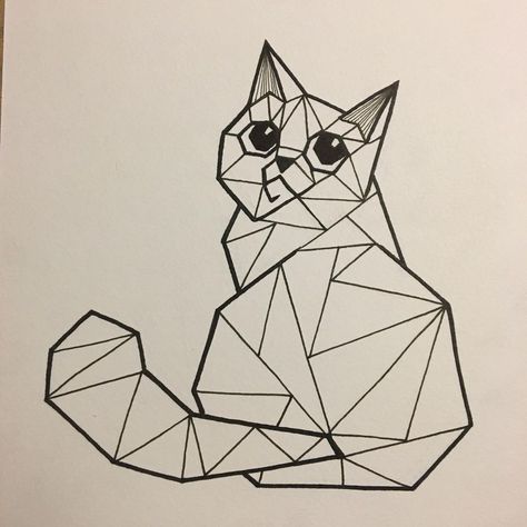 Perla Schippers on Instagram: “Cute Geometric Cat (SOLD)” Geometric Cat Art, Parallelogram Art, Geometric Cat Drawing, Geometric Cat Tattoo, Geometric Art Animal, Geometric Cat, Polygon Art, Pets Drawing, Line Art Tattoos