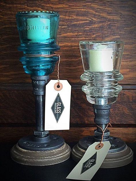 Telephone Insulators Ideas, Glass Insulator Candle Holder, Insulator Crafts, Insulator Lights, 2 Candle, Antique Restoration, Bottle Craft, Craft Lights, Rustic Candle Holders