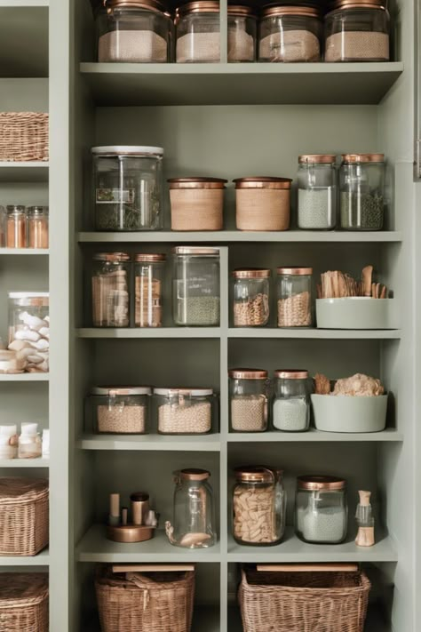 Neatly organized pantry shelves with various jars and baskets containing grains, spices, and kitchen supplies. Small Pantry Shelves Ideas, Pantry Shelves Ideas, Pantry Closet Ideas, Small Walk In Pantry, Small Pantry Organization Ideas, Pantry Organization Ideas Shelves, Pantry Redo, Pantry Shelving Ideas, Pantry Stock