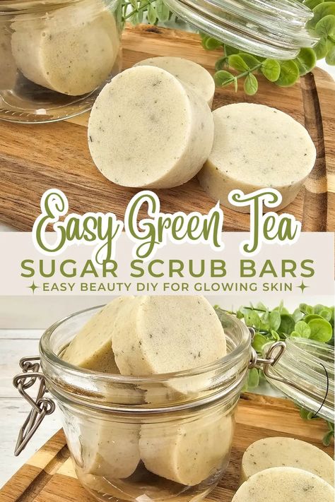 homemade green tea sugar scrub bars in a glass jar Sugar Scrub Bars Diy, Scrub Bars Diy, Diy Scrub Bars, Diy Sugar Scrub Bars, Essential Oil Sugar Scrub, Diy Sugar Scrub Cubes, Sugar Scrub Bars, Scrubs Diy, Scrub Bars