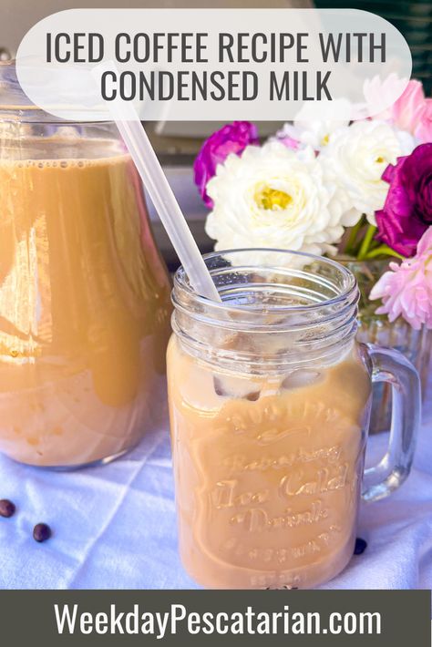 Iced Coffee Large Batch, Iced Coffee Recipe With Sweetened Condensed Milk, Cold Brew Coffee Recipe With Sweetened Condensed Milk, Condensed Milk For Coffee, Condensed Milk Recipes Coffee, Sweetened Condensed Milk Recipes Coffee, Cold Coffee With Condensed Milk, Coffee And Condensed Milk, Sweet Condensed Milk Coffee