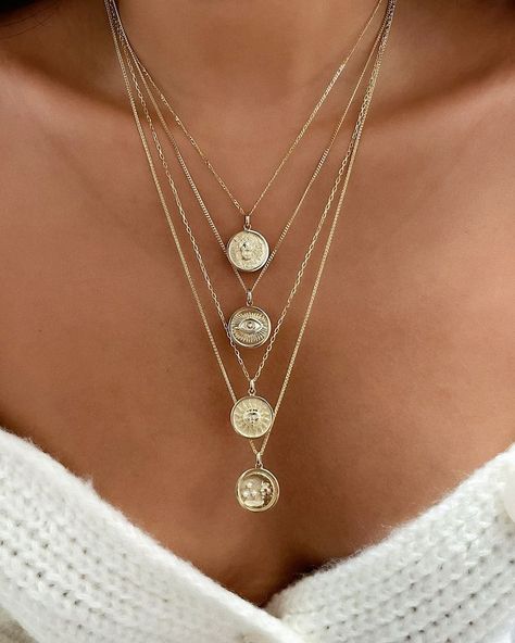 Add a protective medallion to your necklace lineup. #14kgold #staygold Sun Medallion, Custom Jewelry Box, Chain Diamond, Diamond Eyes, 14k Gold Necklace, Medallion Necklace, Disc Pendant, Jewelry Lookbook, Gold Necklace Layered