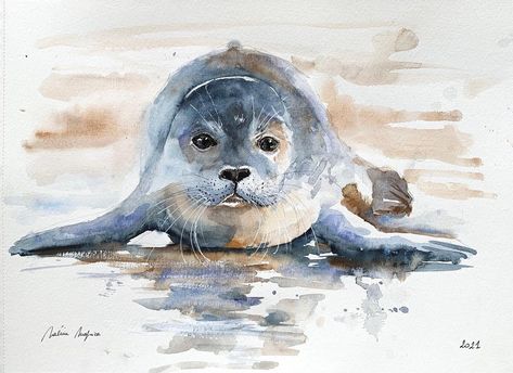 Seal Painting, Watercolour Animals, Watercolor Paintings Of Animals, Harbor Seal, Art Tutorials Watercolor, Baby Seal, Watercolour Inspiration, Watercolor Art Lessons, Fantasy Art Landscapes