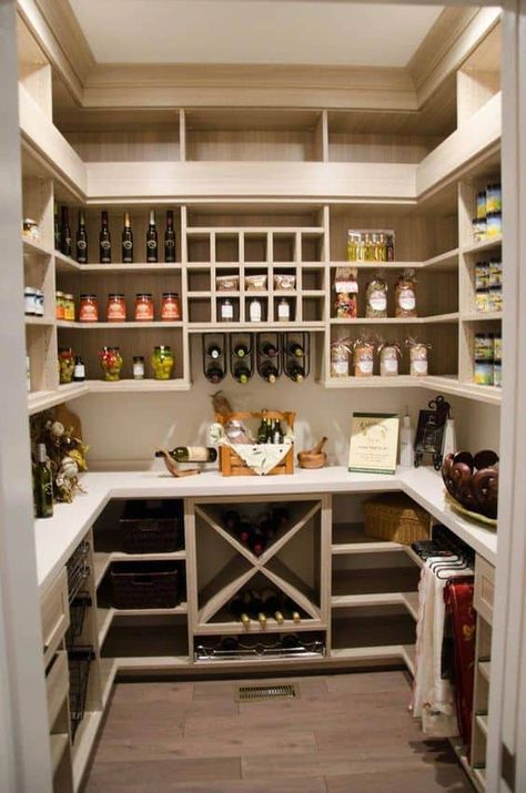 A pantry is a useful space to complement your kitchen, regardless of whether it’s in a small cupboard or large walk-in area. The purpose is to store e... | Include Wine Storage Options #PantryShelving #Pantry #Shelviing #decoratedlife #organizing Desain Pantry Dapur, Pantry Closet Organization, Pantry Room, Organized Pantry, Desain Pantry, Pantry Remodel, Pantry Shelving, Pantry Closet, Pantry Ideas