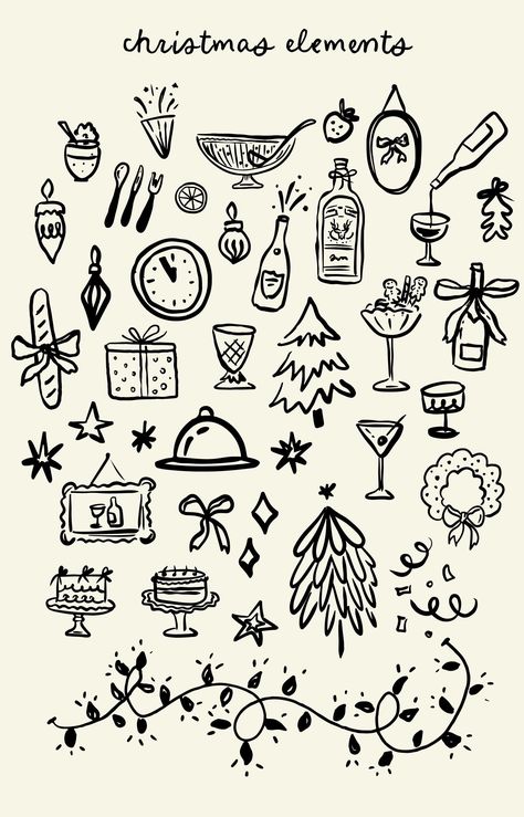 Hand Drawn Whimsical Christmas & New Year Illustrations Clipart, Whimsical Holiday Invitations Clipart, Winter Hand Drawn Icons in SVG - Etsy Christmas Fonts Free, Drawn Icons, New Year Illustration, Invitation Clipart, Whimsical Style, Hand Drawn Icons, Christmas Doodles, Winter Illustration, Christmas Elements