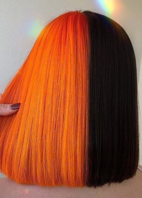 Split Dyed Hair Black And Orange, Half Orange And Black Hair, Half Black Half Orange Hair Split, Halloween Split Dye, Split Colour Hair, Split Dyed Hair Orange, Black And Orange Hair Split, Orange Split Dyed Hair, Half Orange Half Black Hair