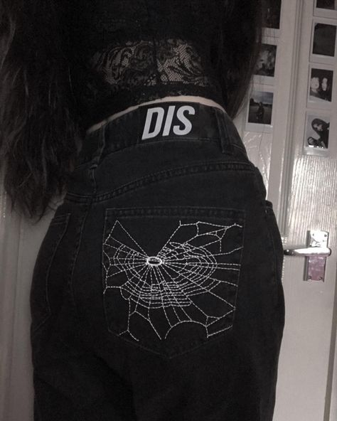 Diy Clothes Upcycle Goth, Jean Embroidery Grunge, Goth Jeans Diy, Black Background Embroidery, Alt Jeans Diy, Alt Embroidery Ideas, Goth Clothing Diy, Goth Upcycle, Goth Sewing Projects