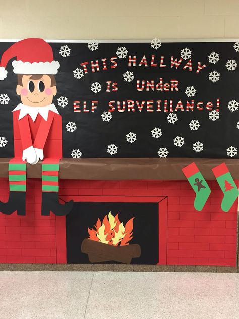 School Christmas Bulletin board! Christmas Decor School Classroom Door, Fireplace Bulletin Board Christmas, Teacher Winter Bulletin Boards, Christmas School Board Decorations, Fireplace Bulletin Boards For School, Bulletin Board Fireplace, School Bulletin Boards Christmas, Christmas Daycare Bulletin Boards, Christmas Bulliten Board School