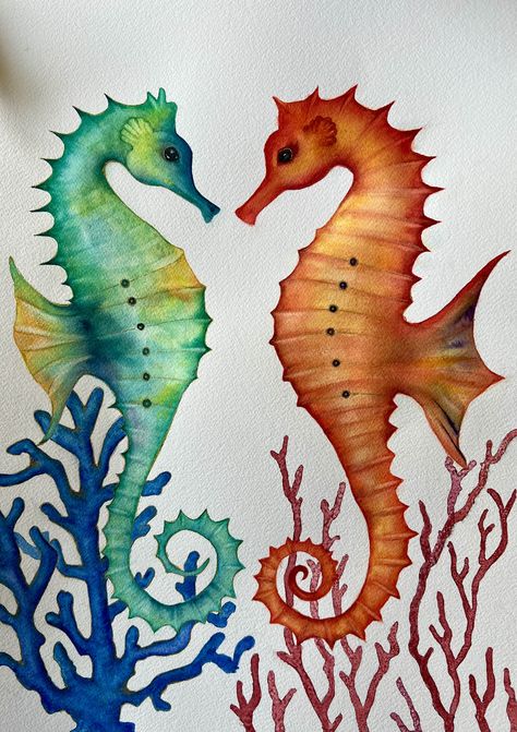 Sea Horse Painting Easy, Seahorse Watercolor, Watercolor Seahorse, Seahorse Drawing, Seahorse Painting, Seahorse Art, Sewing Measurements, Mosaic Ideas, Sea Horse