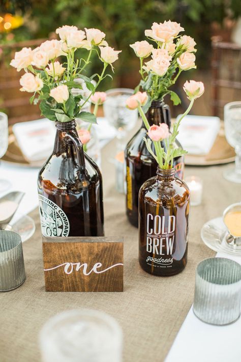 Love Is Brewing Centerpieces, Brewery Reception Decorations, Brewery Themed Wedding, Growler Centerpiece Wedding, Beer Wedding Ideas, Engagement Party Table Setting, Growler Centerpiece, Beer Centerpieces, Brewery Party