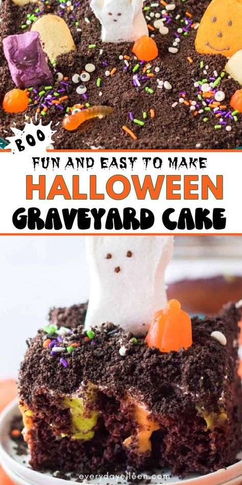 A chocolate cake with halloween shaped candy with Pinterest overlay. Halloween Graveyard Cake, Graveyard Cake, Holiday Deserts, Fun Halloween Desserts, Spooky Cake, Halloween Tricks, Marshmallow Peeps, Creamy Pudding, Halloween Sprinkles