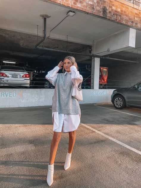 Sweater vest, button down, white booties, fall outfit, fall outfit inspo White Button Up With Sweater, Button Up With Sweater, Gray Sweater Vest, White Button Up, Full Look, Light Academia, Gray Sweater, Outfit Inspo Fall, Long Shirt