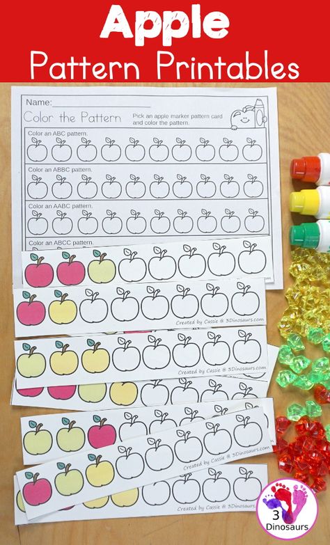 Free Apple Pattern Printable - a great way to work on patterns for the fall with AB and ABC patterns for kids to use with pattern worksheets, pattern grids, continue the pattern for kindergarten and PreK pattern math. - 3Dinosaurs.com #patternmath #patterns #kindergarten #prek #freeprintable #3dinosaurs #mathprintable Patterns Grade 1 Worksheet, Aabb Pattern Worksheets, Apple Pattern Printable Free, Apple Pattern Printable, Pattern For Kindergarten, Patterns Kindergarten, Ab Pattern Activities, Ab Pattern Worksheet, Abc Practice