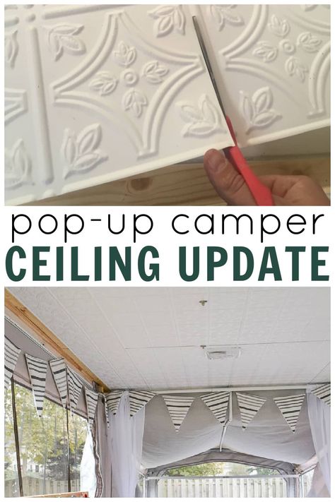 use plastic tiles to update a RV ceiling or camper ceiling Shiplap Rv Ceiling, Pop Up Tent Trailer Makeover, Diy Camper Window Coverings, Pop Up Camper Ceiling Remodel, Pop Up Camper Conversion To Food Trailer, Rv Ceiling Makeover, Camper Ceiling Remodel, Camper Countertop Redo, Camper Ceiling Ideas