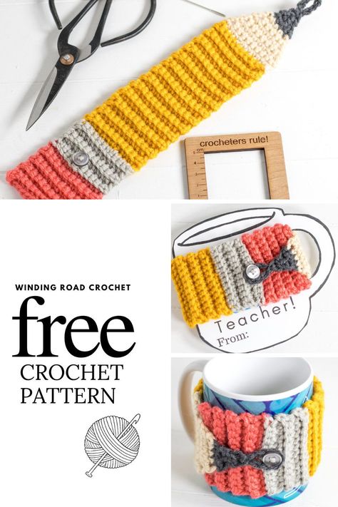 Crochet Mug Cozy Christmas, Teacher Crochet Patterns, Crochet For Teachers Gift, Crochet Teacher Appreciation Gifts, Quick And Easy Crochet Projects, Hygge Crochet, Pencil Crochet, Crochet Teacher, Crochet Cozies