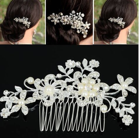 Bridal Hair comb floral wedding headpiece white and silver Wedding Hair Combs, Bridal Flower Hair Comb, Bridal Wedding Flowers, Wedding Headdress, Bridal Headdress, Hair Comb Accessories, Rhinestone Hair Pin, Bridal Accessories Jewelry, Bridal Hair Flowers