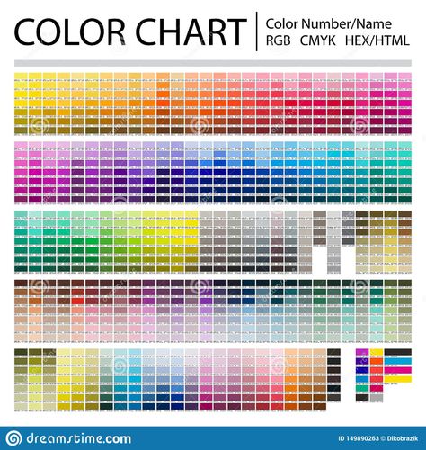 Photo about Color Chart. Print Test Page. Color Numbers or Names. RGB, CMYK, Pantone, HEX HTML codes. Vector color table palette - illustration. Image of color, guide, html - 149890263 Cmyk Color Chart, Number Codes, Pantone Color Guide, Color Names Chart, Saturation Color, Pantone Color Chart, Rgb Color Codes, Color Numbers, Shingle Colors