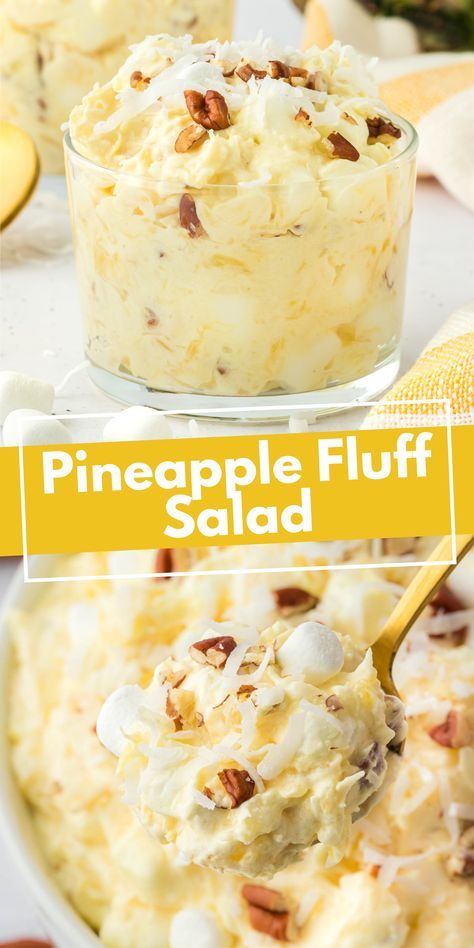 Ready to wow your friends and family? Pineapple fluff is a no-bake recipe that comes together in just 3 easy steps with 6 ingredients. When you follow this easy recipe, you'll be the star of your family gatherings! Pineapple Cheesecake Fluff, Fluff Desserts Cool Whip, Easy Pot Luck Dishes, Lemon Fluff Dessert, Peanut Butter Fluff, Fluff Recipes, Sweet Salads, Pineapple Fluff, Pineapple Cheesecake