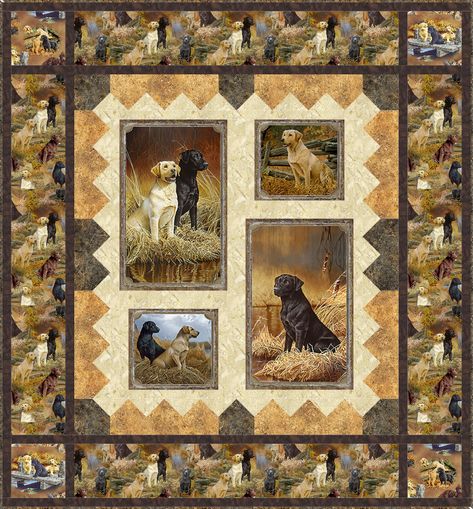 Our exclusive eQuilter Free Quilt Pattern features all sorts of loveable Labs - Black, Golden, & Chocolate, Puppies & Big Dogs - in a beautiful 53" x 57" quilt (featuring the "Loyal Loveable Labs" collection by Jerry Gadamus of QT Fabrics).   You'll start with a digital-printed panel, then add Stonehenge textures, Hoffman Hand-Dyes, and piece them into a beautiful quilt to showcase this friendly & intelligent dog breed.     Use Flannel as a back for a great snuggle quilt for those cool evenings! Quilting Panels, Dog Panel Quilt Ideas, Black Lab Quilt Pattern, Wolf Panel Quilt Patterns, Wolf Quilt Panels, Realtree Deer Panel Quilt, Wildlife Quilts, Fabric Panel Quilts, Panel Quilt Patterns