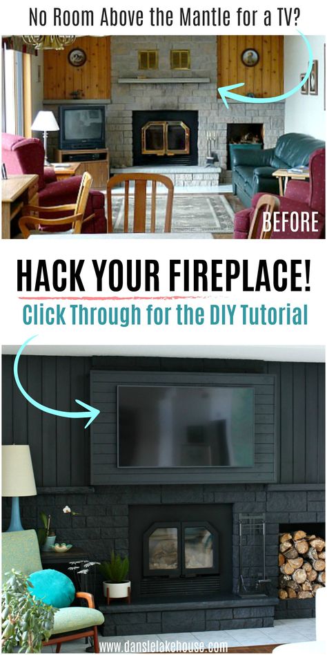 Fireplace Hack to Build a Bump Out Lowering Fireplace Mantel For Tv, Hang Tv On Brick Fireplace, How To Hang A Tv On A Brick Fireplace, Tv On Adjacent Wall To Fireplace, Tv Sitting On Mantle, Tv Above Fireplace Ideas Hide Wires, Television Over Fireplace, Tv Over Brick Fireplace Ideas, Offcenter Fireplace Ideas