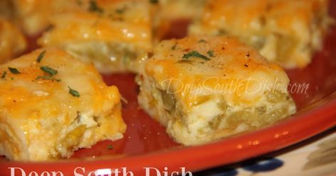 Green Chile Cheese Squares from Deep South Dish website. Perfect as an appetizer for entertaining, these fluffy, gooey, cheesy, Green Chile Cheese Squares also fit well for a brunch or buffet, and they're good at room temperature or served warm. Keto Chile, John Wayne Casserole, Cheese Squares, Deep South Dish, Green Chili, Chili Cheese, Deep South, Favorite Appetizers, Green Chile