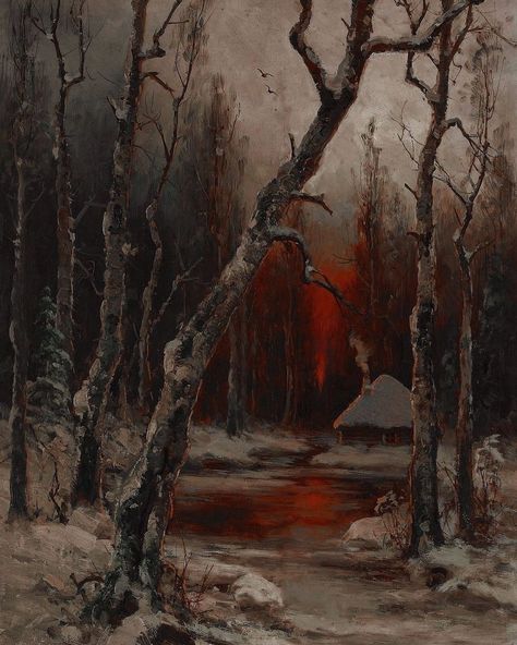 Dark & Gloomy on Instagram: ��“Sunset over the Winter Forest, 1881. Painted by Heinrich Gogarten (1850-1911)” Eerie Landscape Painting, Gothic Landscape Art, Creepy Landscapes Art, Dark Forest Landscape Painting, Gothic Landscape Painting, Eerie Paintings, Fantasy Winter Landscape, Creepy Landscapes, Dark Landscape Painting