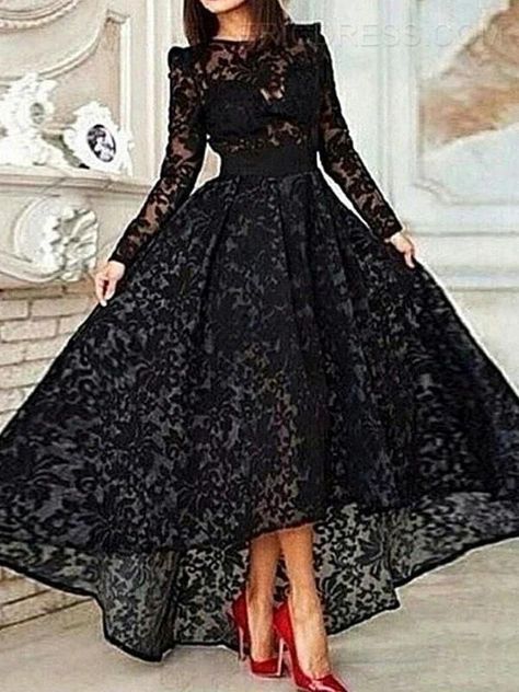 Ericdress Long Sleeve A-Line Asymmetrical Length Lace Evening Dress Evening Dresses 2015- ericdress.com 11401064 Black Long Sleeve Prom Dress, Muslim Prom Dress, Black Lace Evening Dress, Muslim Evening Dresses, Black Ball Gown, Cheap Gowns, Dresses Design, Lace Evening Gowns, Vintage Black Dress