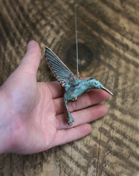 Hanging Hummingbird copper patina sculpture by EarthlyCreature Ceramic Animal Pendant, Handmade Bird-shaped Necklace For Gift, Silver Bird Design Pendant Necklace, Owl Wood Carving Necklace, Clay Bird, Handmade Sterling Silver Bird-shaped Jewelry, Pottery Painting Designs, Paper Mache Sculpture, Concrete Crafts