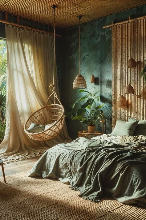 Bamboo Accent Wall, Summer Aesthetic Vibes, Mood Board Bedroom, Safari Room, Whimsical Bedroom, Green Accent Walls, Bedroom Color Combination, Summer Bedroom, Tropical Bedrooms