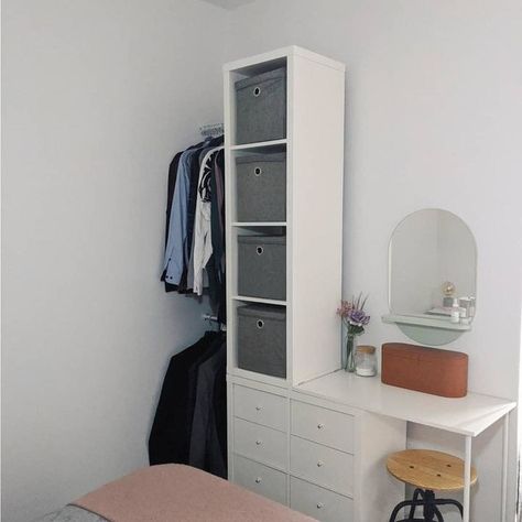 Ikea Open Wardrobe, Wardrobe And Dressing Table, Wardrobe Design With Dressing Table, Dressing Table Hacks, Small Bedroom Storage Ideas, Ikea Kallax Unit, Kallax Shelving Unit, Small Dressing Table, Small Bedroom Storage