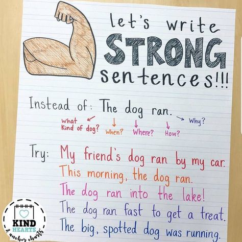 "Let's write strong sentences." Do you need an anchor chart to help students write stronger sentences? Then, check out this awesome anchor… Strong Sentences, Writing First Grade, Second Grade Writing, Third Grade Writing, 3rd Grade Writing, 2nd Grade Writing, Classroom Anchor Charts, Ela Writing, Writing Anchor Charts