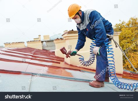 roofer builder worker with pulverizer spraying paint on metal sheet roof Royalty Free image photo Metal Roof Coating, Metal Roof Repair, Cashiers Check, Metal Roof Installation, Roof Restoration, Roof Paint, Roof Coating, Roof Cleaning, Commercial Roofing