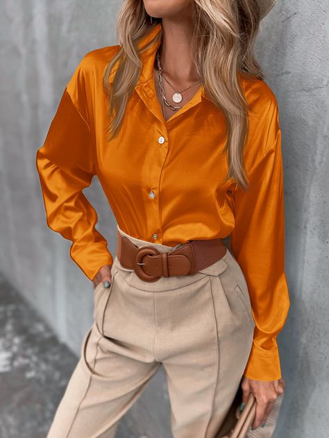 Orange Elegant  Long Sleeve Satin Plain Tunic  Non-Stretch Spring/Fall Women Tops, Blouses & Tee Satin Top Outfit, Silk Blouse Pattern, Silk Shirt Outfit, Satin Blouse Outfit, Drop Shoulder Blouse, Plain Tunic, Frilly Blouse, Satin Fashion, Checked Blouse