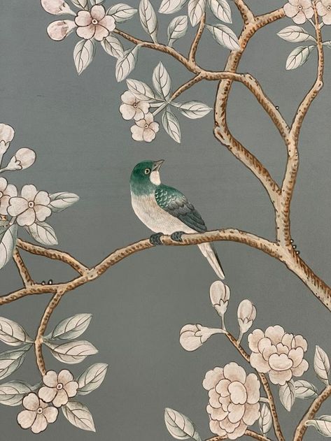 Bird Decals, Florida Cottage, Bird Painting Acrylic, Dyed Paper, Chinoiserie Decorating, Hand Painted Wallpaper, Chinoiserie Wallpaper, Bird Wallpaper, Gray Bedroom