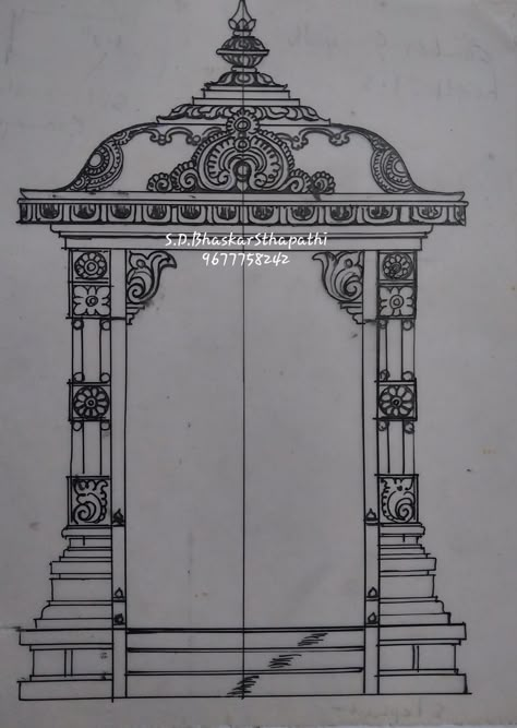 Prabhavali Design Sketch, Pooja Mandapam Designs, Gopuram Painting, Gopuram Drawing, Temple Sketches Indian, Gopuram Designs, Temple Drawing Indian Simple, God Drawing, Mandap Design