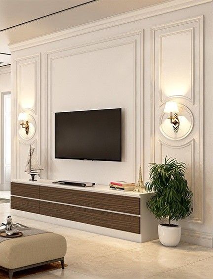 Wall Molding Design Tv Unit, Moulding Wall Design Living Room, Hall Tv Panel, Tv Unit With Moulding Design, Classical Lcd Wall Design, Wall Moulding With Tv, Wall Moulding Around Tv, Moulding Tv Panel, Wall Trim Around Tv