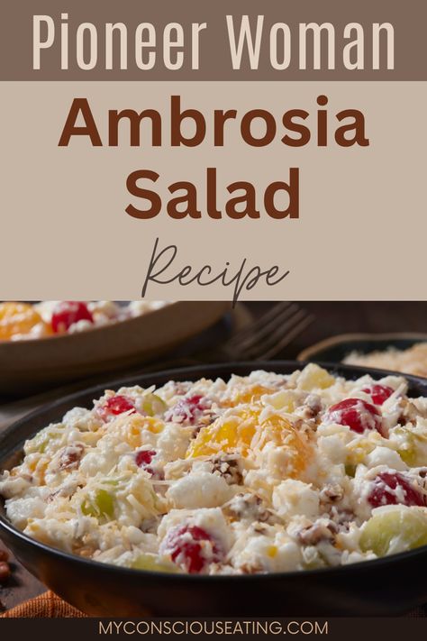 Creamy fruit salad with mini marshmallows Recipe For Ambrosia Fruit Salad, Pioneer Woman Smashed Potato Salad, Ambrosia Fruit Salad With Yogurt, Best Ambrosia Salad Recipe, Healthy Ambrosia Fruit Salad, Southern Ambrosia Salad, Ambriosa Salad, Pioneer Woman Salad Recipes, Ambrosia Salad Classic