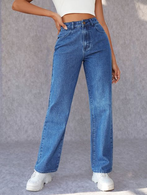 Medium Wash    Denim Plain Straight Leg Embellished Non-Stretch  Women Denim Straight Pants Jeans, Straight Cut Jeans Outfit, Denim Dress Style, Denim Ootd, High Waisted Jeans Outfit, High Waisted Straight Leg Jeans, Iphone Gifts, Preppy Clothes, Womens Denim Dress