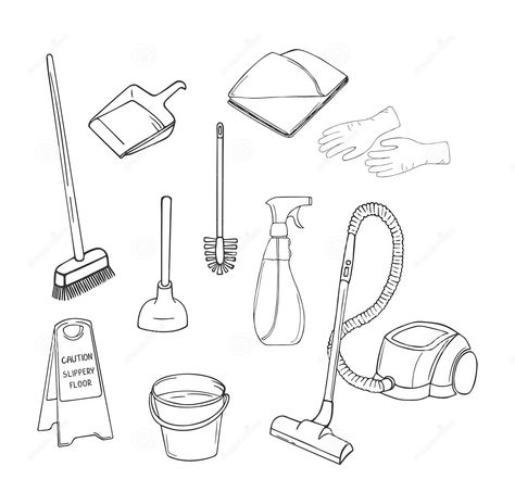 Cleaning Students Cleaning School Drawing, Cleaning Illustration Art, Cleaning Doodles, Kitchen Tools Drawing, Cleaning Tools Drawing, Cleaning Clipart Cute, Drawings Of Cleaning Supplies, Cleaning Drawing, Cartoon Cleaning Images