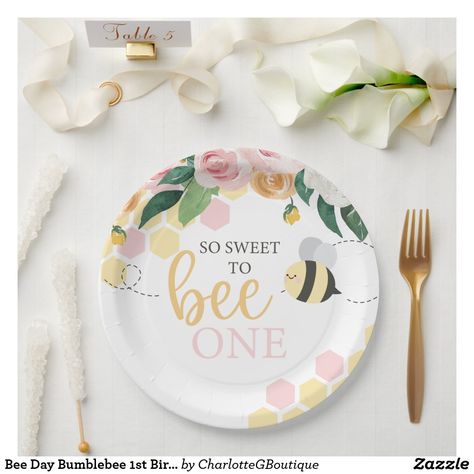 Sweet To Bee One, Bee 1st Birthday, Bee Themed Birthday, Bee Themed Birthday Party, 1st Bee Day, First Bee Day, Floral Paper Plates, Baby Birthday Party Theme, Baby First Birthday Themes