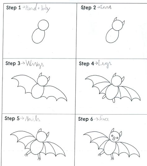 Muzische vorming' hoe teken ik een vleermuis Draw A Bat, Cartoon Bat, Drawing Cartoon Characters, Homeschool Art, Halloween Drawings, Kindergarten Art, Guided Drawing, Drawing Lessons, Halloween Bats