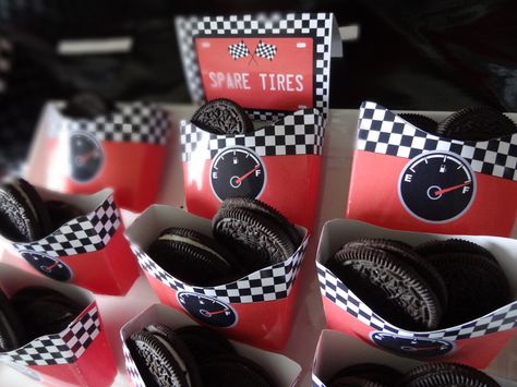 Race Cars / Motorcycle Birthday  Spare tires, Oreos ... I was going to use mini chocolate donuts Cars Birthday Party Food, Cars Birthday Party Ideas, Auto Party, Motorcycle Party, Spare Tires, Motorcycle Birthday, Cars Birthday Party, Race Car Themes, Disney Cars Party