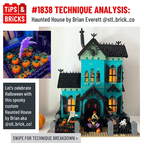 Halloween is nearly upon us, so let's take a look at a stunningly spooky custom Haunted House! The model was built by Brian Everett as an annual tradition that his kids look forward to every year. The distinct (and rather eerie) turquoise colour scheme isn't the only thing that stands this build out; there are many unique techniques that we'll break down in today's post!Brian shared a lot of the building process on his Instagram story - in particular it was interesting to see him sketching out Lego Haunted House Diy, Lego Haunted House, Turquoise Color Scheme, Lego Winter Village, Horror Room, Lego Village, Haunted House Diy, Lego Winter, Spooky Ideas