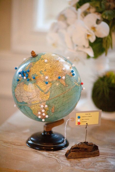 Globe pins - The B&B Team Map Pins, Travel Map Pins, World Globes, A Globe, Travel Theme Wedding, Map Globe, World Globe, Bay Wedding, Travel Map