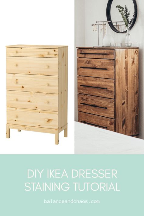 Stain Ikea Furniture, Diy Ikea Dresser, Ikea Dressers, Ikea Bedroom Furniture, Ikea Tarva Dresser, Diy Staining, Ikea Dresser, Ikea Hack Ideas, Ikea Bedroom