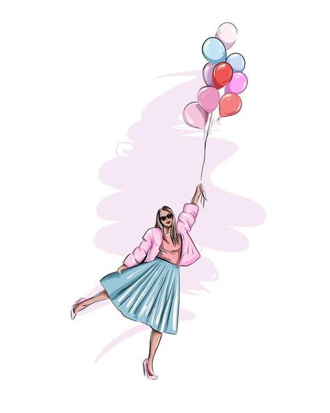 Happy Girl Drawing, Birthday Girl Illustration, Ballon Drawing, How To Draw Balloons, Immersive Design, Girl Holding Balloons, Matching Aesthetic, Portrait Album, Holding Balloons