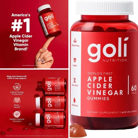 Vegan, Non-GMO, Gluten-free & Gelatin-free: Each bottle of Goli contains 60 delicious, vegan, non-gmo, gluten-free & gelatin-free Apple Cider Vinegar gummies, which makes them suitable for almost any lifestyle. Made in the USA with locally and globally sourced ingredients. Goli Gummies are made in allergen-free, cGMP certified facilities in the United States with local and globally sourced ingredients to ensure that our products are reputable and of the highest quality standards. #AD Goli Apple Cider Vinegar Gummies, Multivitamin Packaging Design, Vitamins Advertising, Vitamin Ads, Bottle Ads, Goli Apple Cider Vinegar, Goli Gummies, Healthy Gummies, Memory Supplements