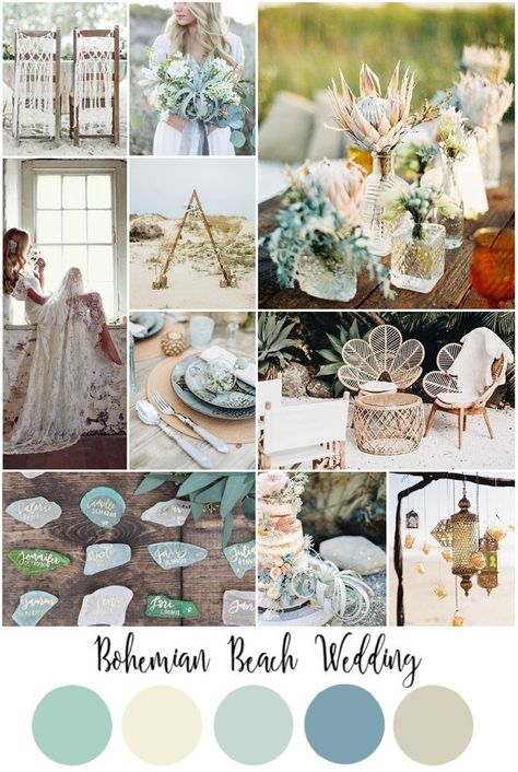 From sea glass to hanging lanterns - the perfect inspiration board for all you boho brides having a destination wedding on the beach! Sea Glass Color Wedding Theme, Sea Glass Bridal Party, Boho Seaglass Wedding, Sea Glass Beach Wedding, Earth Tone Beach Wedding, Beach Wedding Colors Palette, Beach Wedding Colours, Boho Beach Wedding Color Schemes, Colors For Beach Wedding