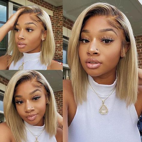 Blonde Dark Roots, Blonde Ombre Bob, Plucked Wig, Short Curly Weave, Dark Skin Blonde Hair, Weave Bob Hairstyles, Lace Front Bob Wigs, Hair Middle Part, Lace Front Bob